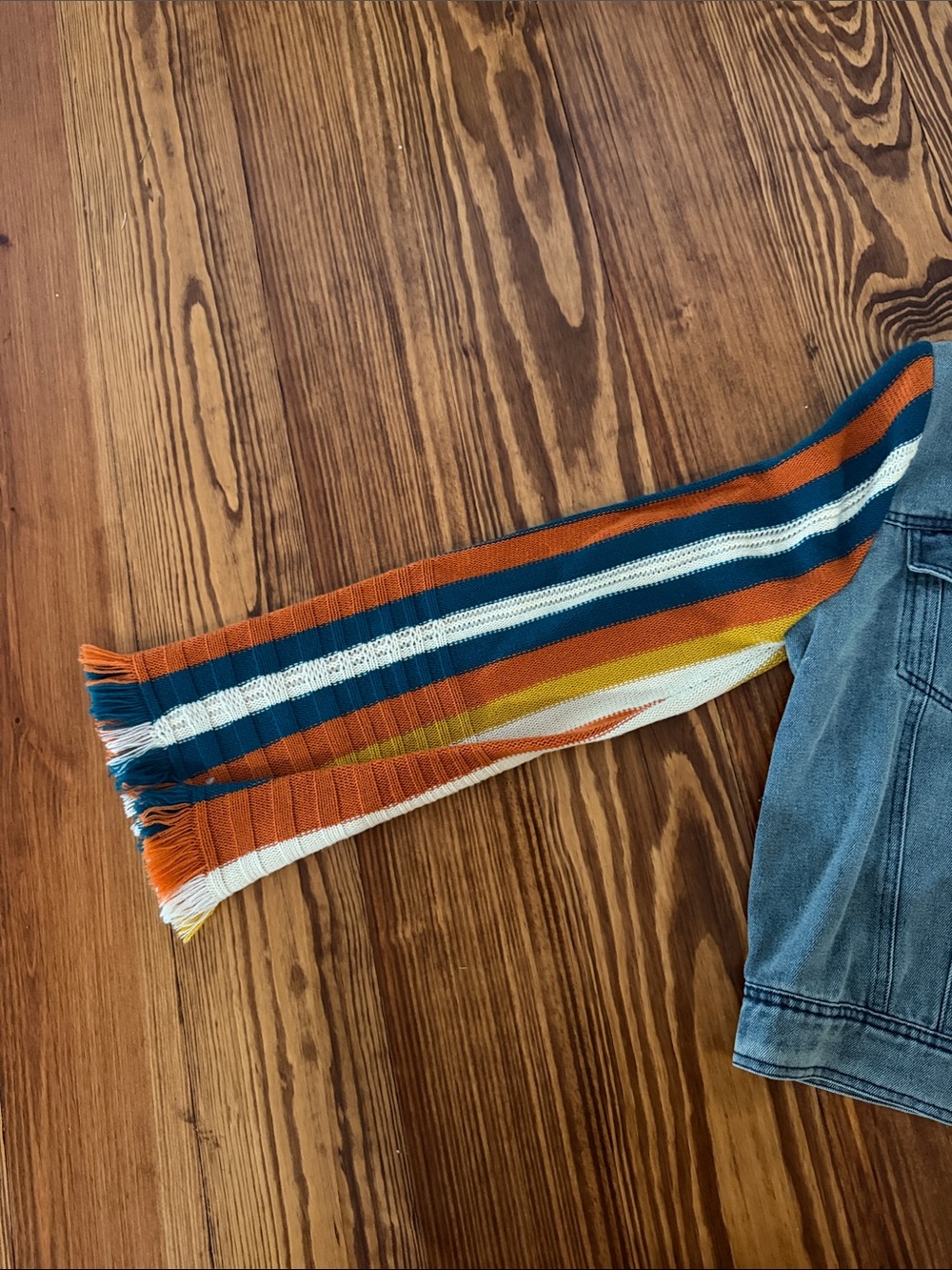 Altar'd State Blue Denim Jacket with Multi-Color Striped knit Bell Sleeves - Picture 2 of 4